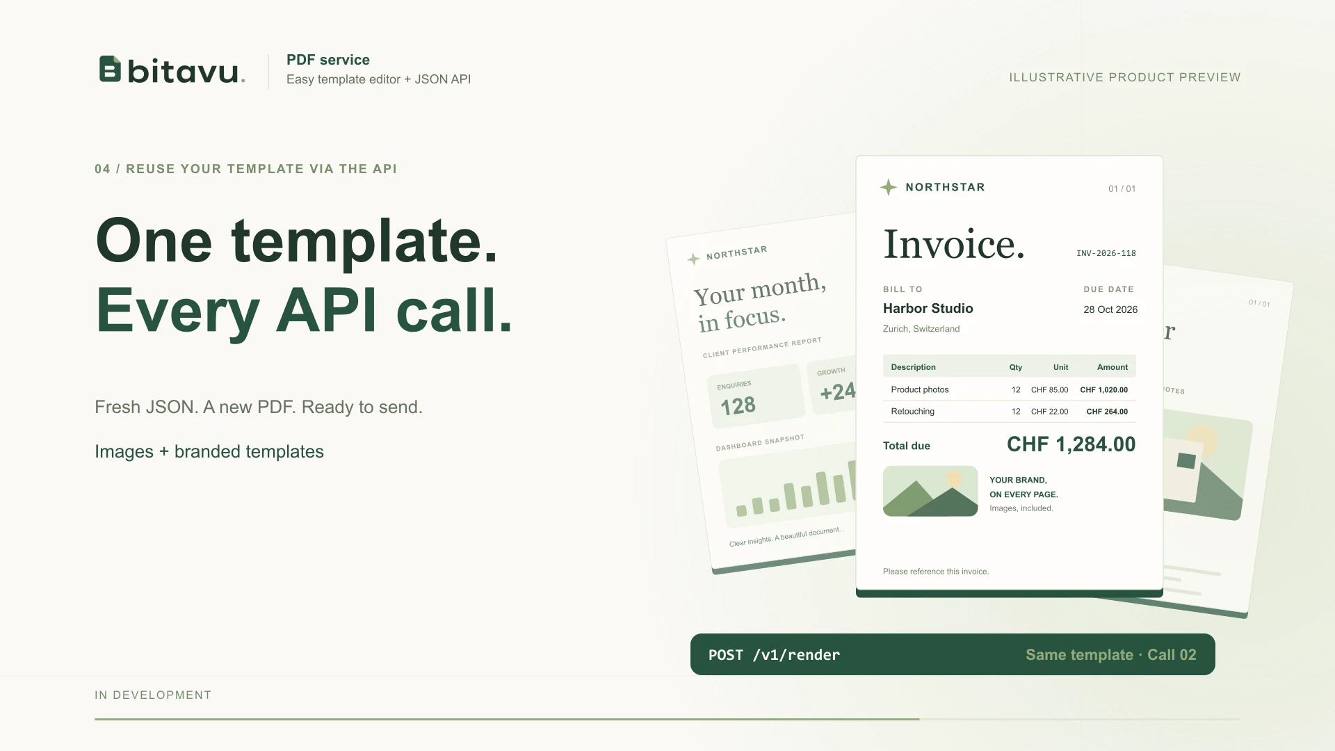 One template. Every API call. An invoice rendered from fresh JSON data.