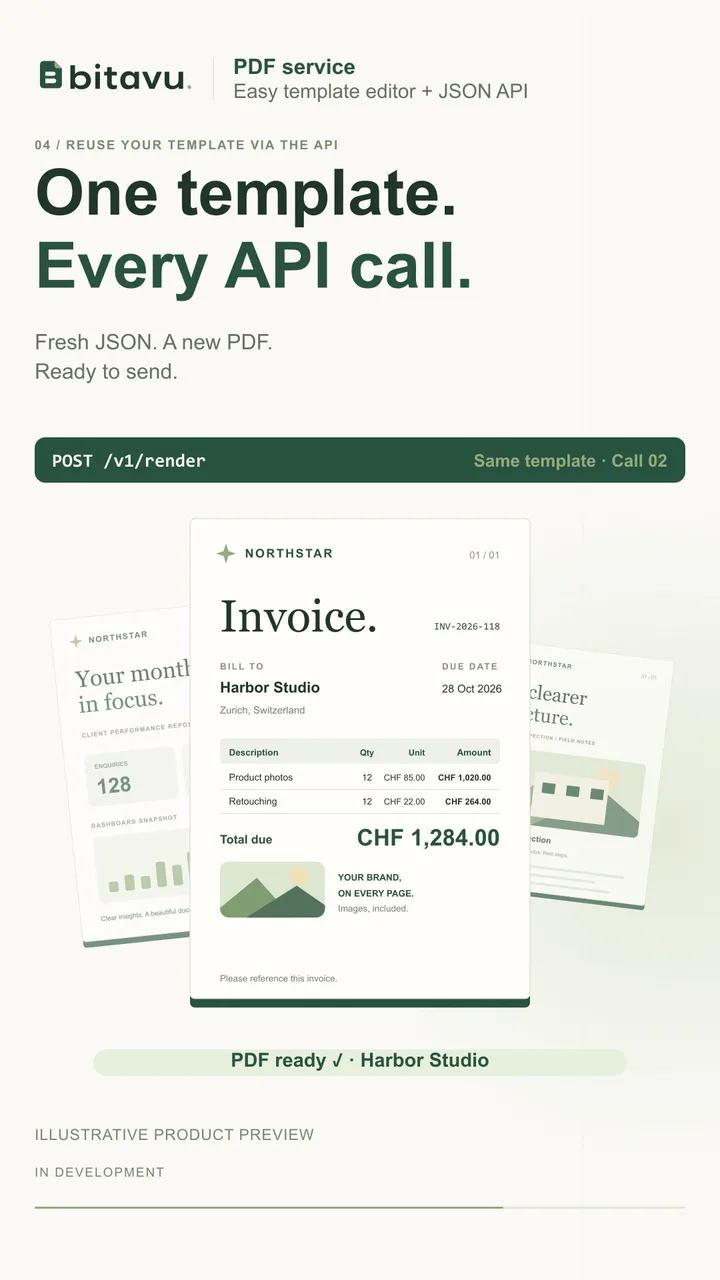 Reusable invoice templates, JSON input, and a finished PDF.